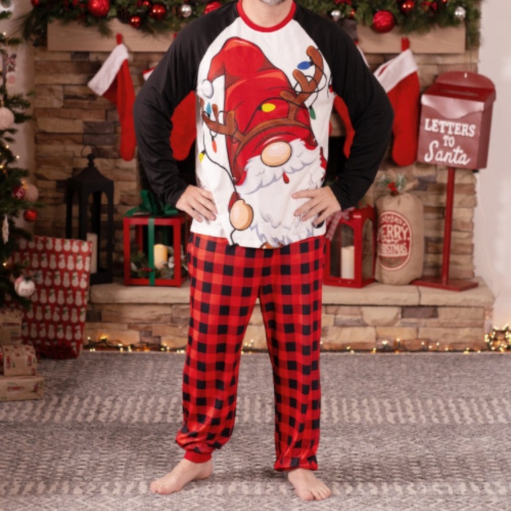 Patpat Men Christmas Santa Print Raglan Sleeves Pajamas with Plaid Pants Set Red